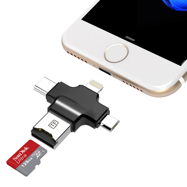 4 in 1 Micro SD TF Card Reader with Lightning 8 pin + Micro USB + Type C + USB