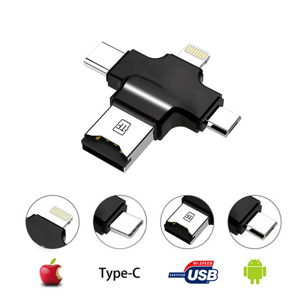 4 in 1 Micro SD TF Card Reader with Lightning 8 pin + Micro USB + Type C + USB